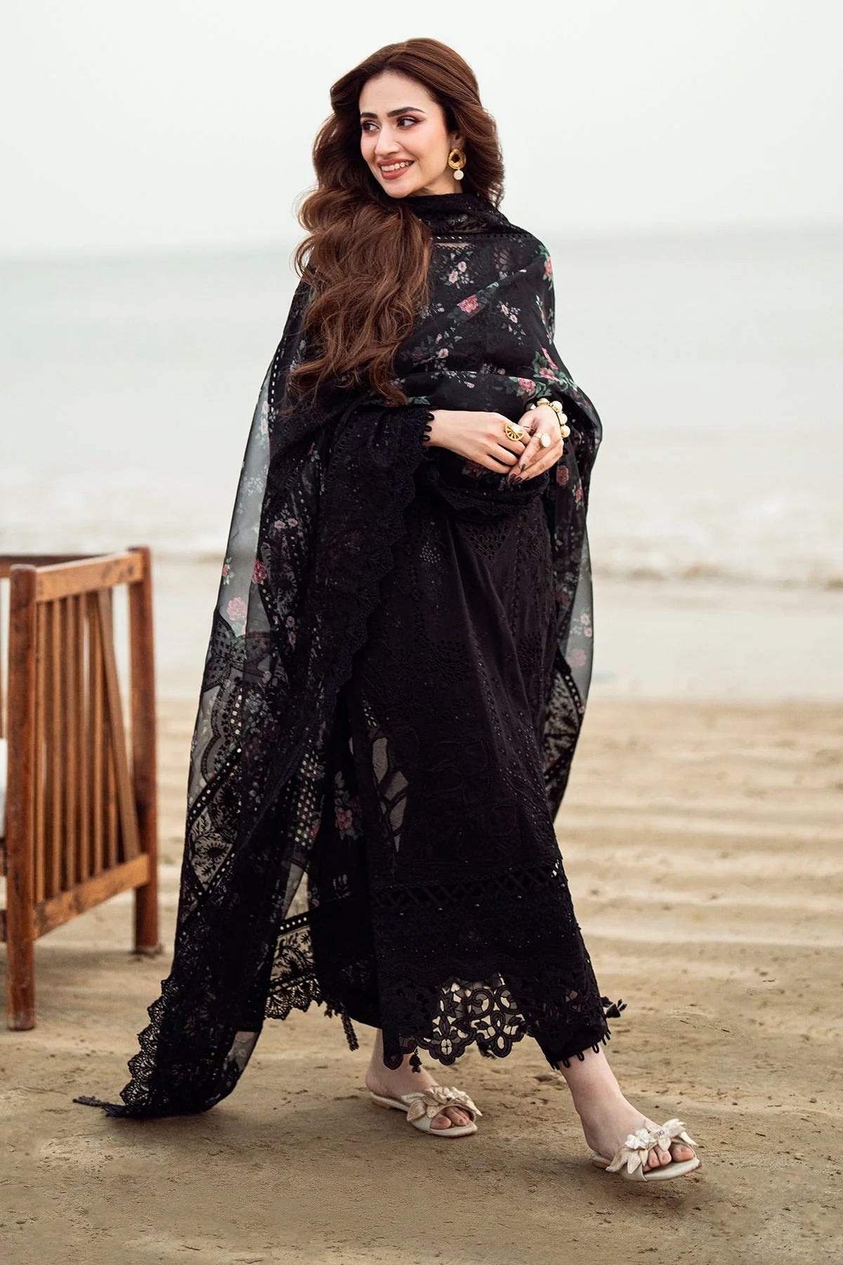 NUREH-3PC LAWN CHIKENKARI LASER EMBROIDERED SHIRT WITH ORGANZA EMBROIDERED PRINT DUPATTA-3667-EID FESTIVE-